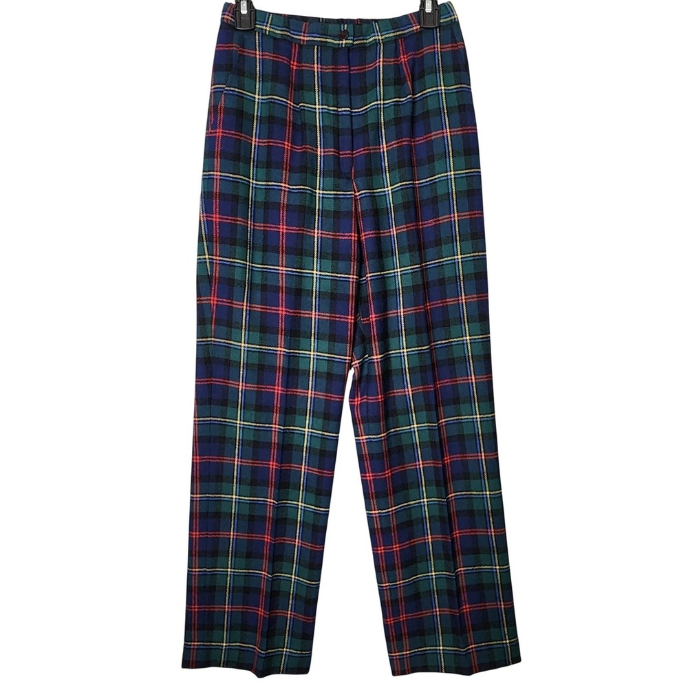 Vintage Pendleton Wool Plaid Trousers Blue Green Red Tartan Straight Leg Size 8